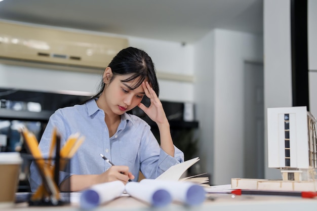 Foto mujeres arquitectas e ingenieras asiáticas que piensan en el diseño de un proyecto arquitectónico y escriben notas en un cuaderno mientras trabajan en el dibujo de un plan de arquitectura de construcción y construcción en un plano