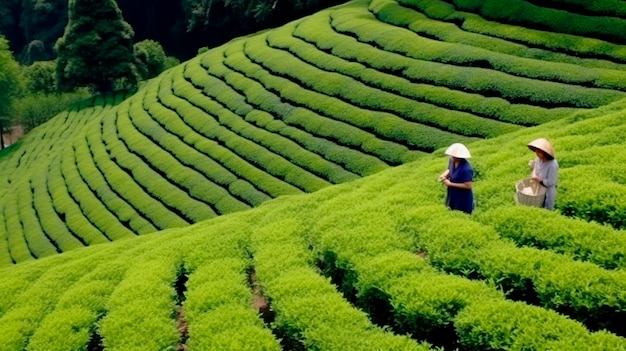 Mujeres en asia recogen té en terrazas de plantaciones verdes paisaje de fondo IA generativa