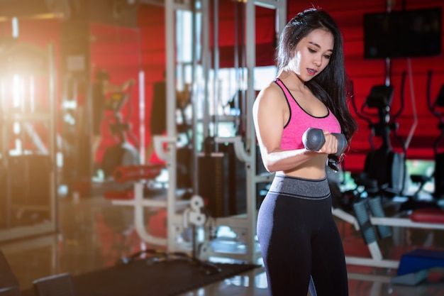 Las mujeres asiáticas de la aptitud que realizan haciendo ejercicios entrenan con deporte de la pesa de gimnasia en backgr del gimnasio