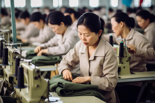 Mujeres asiáticas en una fábrica cosiendo ropa