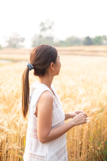 Mujeres asiáticas jóvenes en vestidos blancos de pie en el campo de arroz de cebada