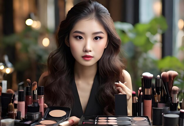 Foto mujeres asiáticas maquillaje cara mujer probando cosméticos hermosa cara para el maquillaje