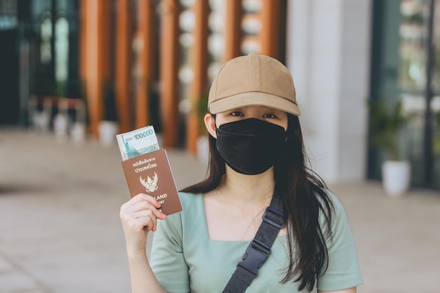 Mujeres asiáticas con máscara quirúrgica negra con billetes de Laos kip dinero la moneda nacional de La