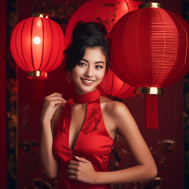 Las mujeres asiáticas sonriendo cara características delicadas vestido chino rojo sosteniendo una linterna roja