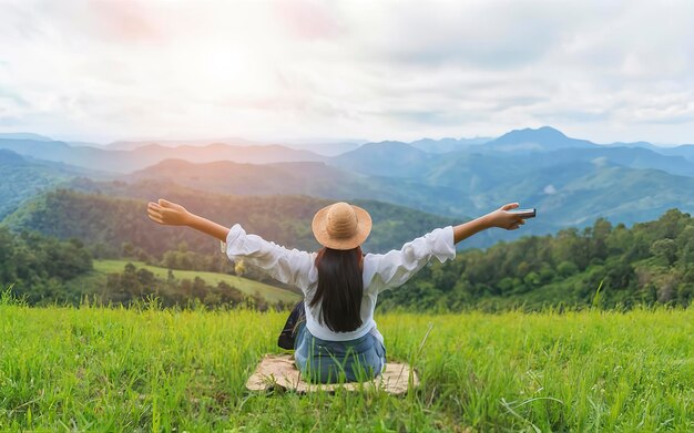 Las mujeres asiáticas viajan relajándose en las vacaciones durmiendo relajadas en el césped de la montaña