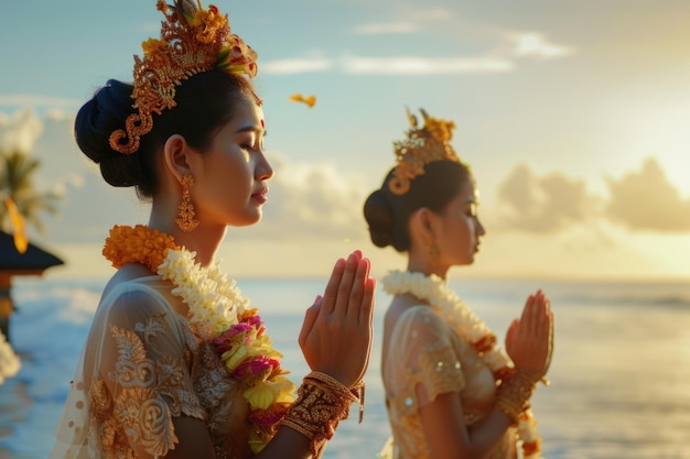 Foto mujeres balinesas realizando rituales tradicionales en la playa de bali