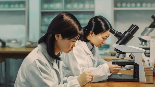 mujeres con batas de laboratorio miran a través de un microscopio