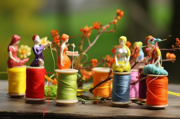 Mujeres de bobinas vibrantes que adornan la Pascua con hilo de colores