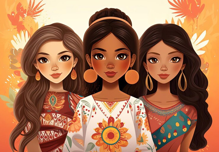 Foto mujeres boca arriba en el póster para el día nacional hispano al estilo de dibujos animados lindos