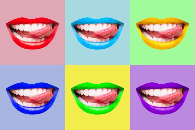 Mujeres bocas sonrientes con labios brillantes que muestran la lengua aislada en fondos de seis colores diferentes