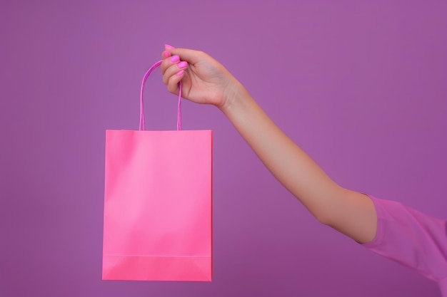 Foto mujeres con bolsas de compras de papel rosa en fondo púrpura concepto de entrega de ventas de compras