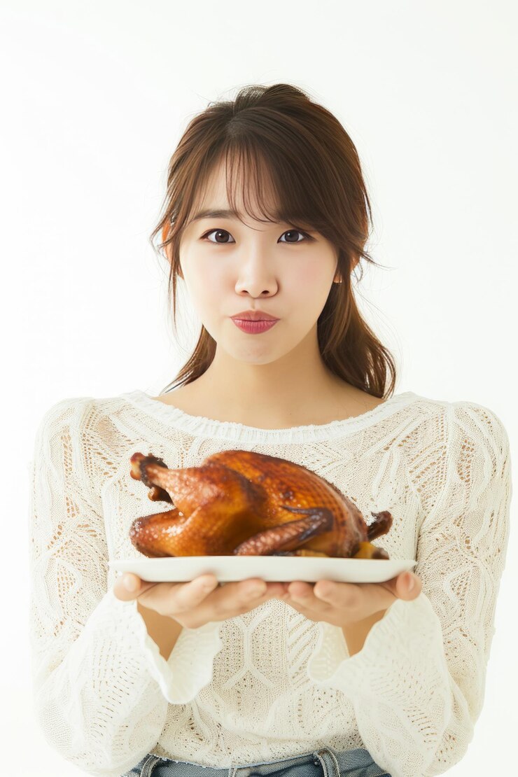 Mujeres bonitas y jóvenes supermodelo de etnia coreana sosteniendo comida de pato de Pekín con expresiones expresivas