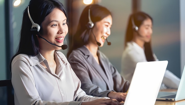 Las mujeres del call center sonrieron trabajando y brindando servicio con cortesía.