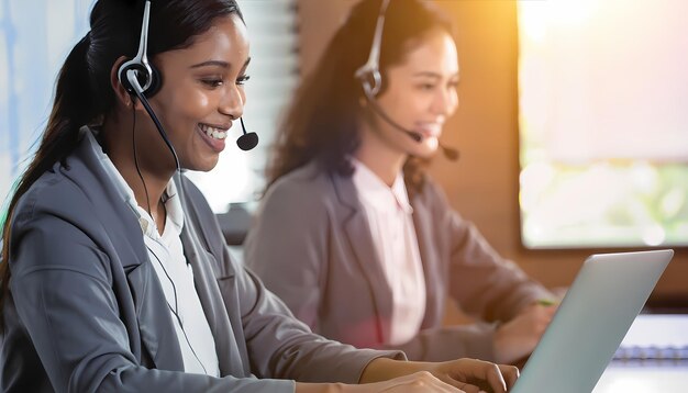 Las mujeres del call center sonrieron trabajando y brindando servicio con cortesía.