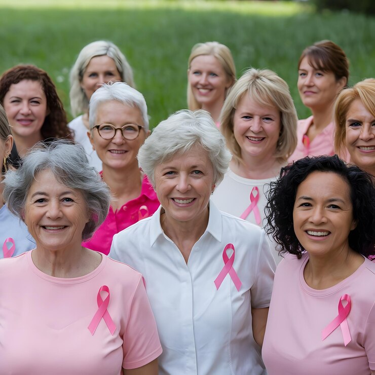 mujeres con camisas rosadas con cinta rosada y una cinta rosada