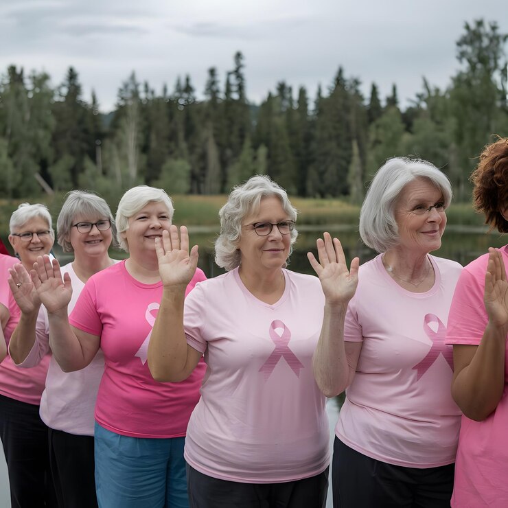 mujeres con camisas rosas que dicen cáncer de mama