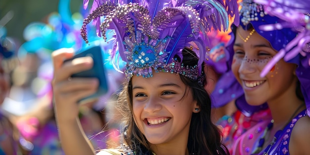 Foto las mujeres capturan momentos vibrantes en el desfile callejero del carnaval brasileño en trajes coloridos celebraciones conceptuales cultura brasileña trajes coloridos desfile callejero momentos festivos