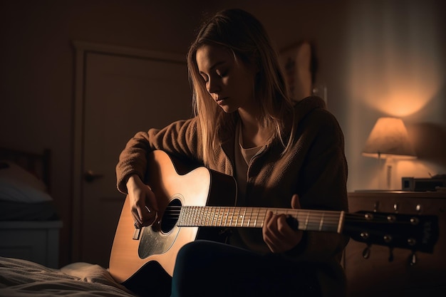 Mujeres caucásicas de 20 años tocando la guitarra en la actividad del dormitorio Música AI generativa AIG23