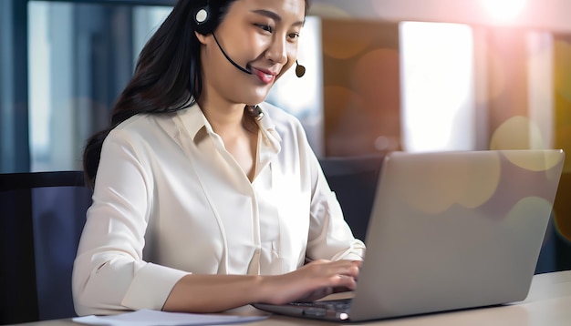 las mujeres del centro de llamadas sonríen trabajando y proporcionando servicio con cortesía