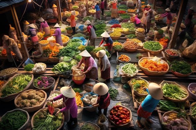 Las mujeres chinas eligen verduras frescas en el mercado de verduras