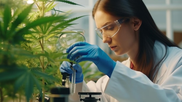 Mujeres científicas realizan estudios y recopilan datos de plantas de cannabis gratificantes en macetas utilizando IA generativa