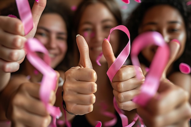 Mujeres con cintas rosadas levantando el pulgar con estilo