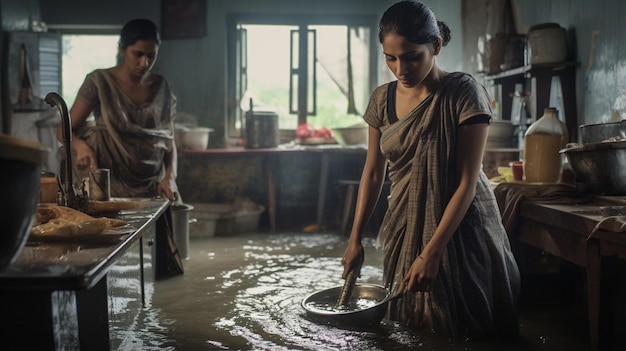 mujeres en una cocina inundada