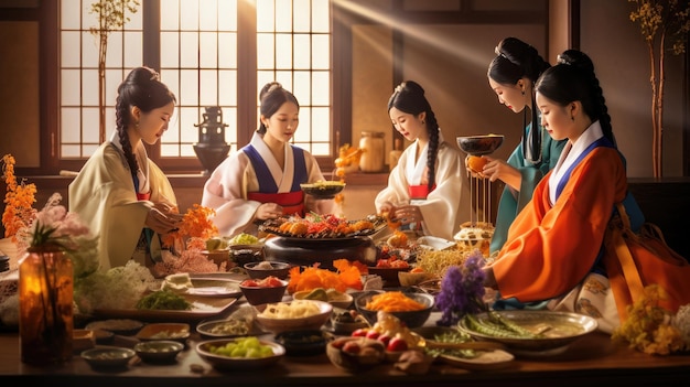 mujeres cocinando comida en un ambiente tradicional