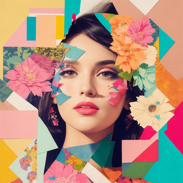 Foto mujeres con un collage de maquillaje alegre con vibraciones florales y tropicales