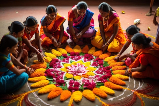 mujeres en coloridos saris decoran flores en un círculo.