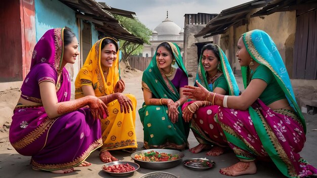 Foto mujeres con coloridos saris en el pueblo de agra, india