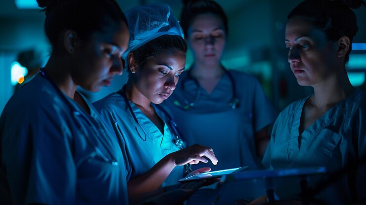 mujeres compuestas por médicos, enfermeras y trabajadores de la salud se reúnen alrededor de una tableta para la investigación médica