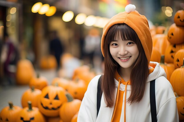 Las mujeres de Corea sonríen con un disfraz de calabaza de mascota IA generativa