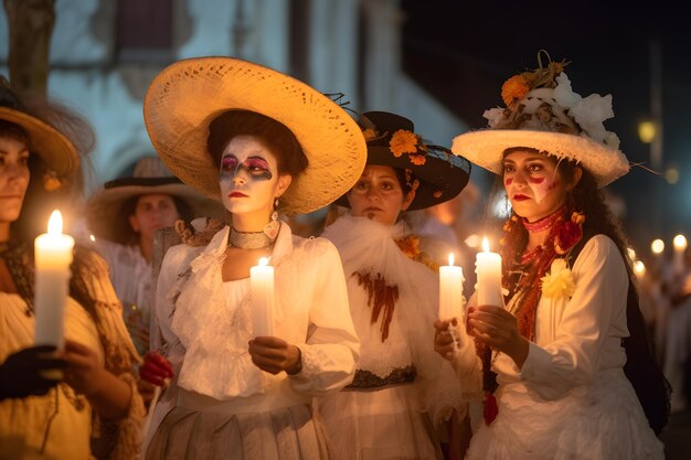 Mujeres con disfraces de Catrina y con maquillaje de calavera sosteniendo velas en el desfile del día de los muertos No se basa en ninguna escena o patrón de persona real