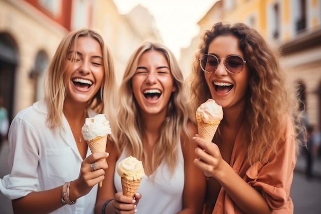 Mujeres disfrutando de un helado al aire libre en la ciudad IA generativa