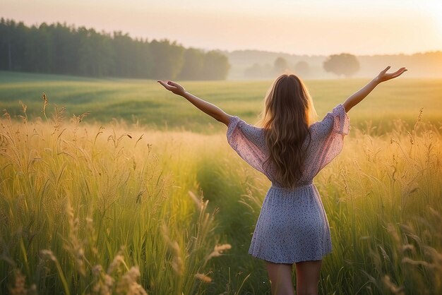 Mujeres disfrutando de la naturaleza en el prado brazos extendidos aire fresco de la mañana verano campo al amanecer