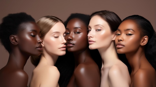 Foto mujeres diversas que muestran la belleza natural con cuidado de la piel y maquillaje con ia generativa