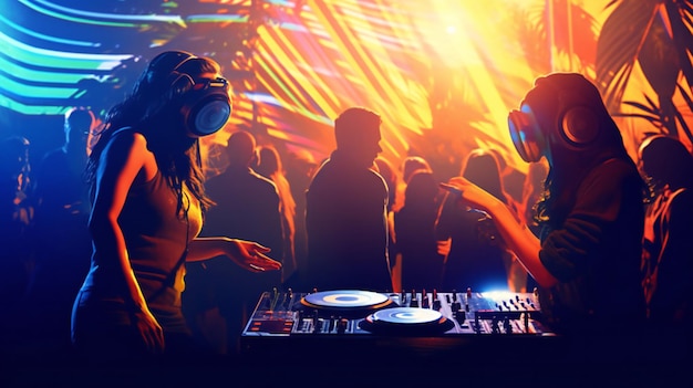 Mujeres DJ jóvenes tocando música en la fiesta LATIN