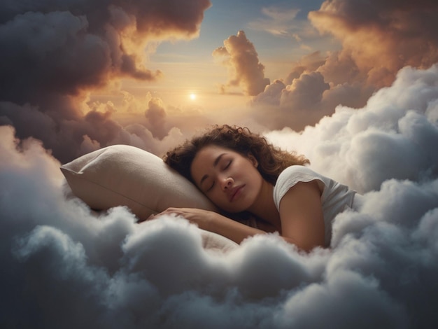 Foto mujeres durmiendo en una cómoda cama en las nubes