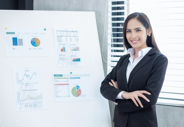 Mujeres empresarias asiáticas discutiendo documentos e ideas en la reunión