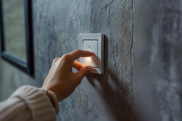 Foto mujeres encendiendo y apagando a mano el interruptor de la luz del baño en la pared gris creado con herramientas de ia generativas