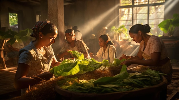 Foto mujeres enrollando hojas de tabaco para hacer cigarros en la habana, cuba