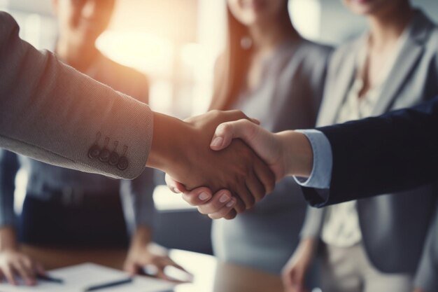 Mujeres estrechando la mano en una reunión de grupo haciendo un acuerdo de asociación