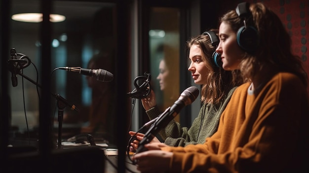 mujeres en el estudio durante un programa de radio de podcast