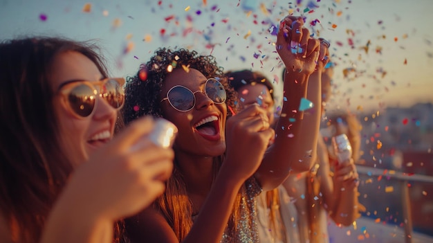 Mujeres felices celebran con confeti al atardecer