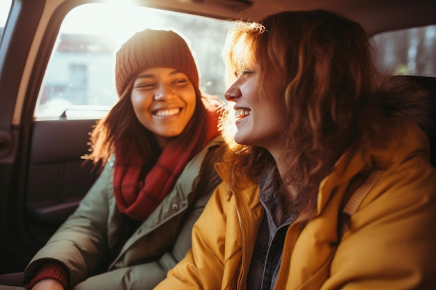 Mujeres felices disfrutando de las vacaciones de verano en un viaje por carretera AI Generative