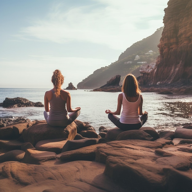 Mujeres felices haciendo meditación en la playa yoga en la playa