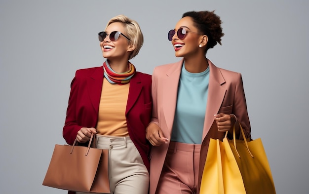 Mujeres felices y de moda con bolsas de IA