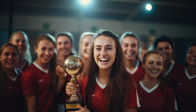 Foto mujeres felices vestidas de voleibol posando en la cancha de voleibol el capitán sostiene un trofeo