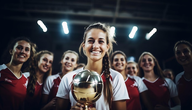 mujeres felices en vestidos de voleibol posando en la cancha de voleobol el capitán sostiene un trofeo